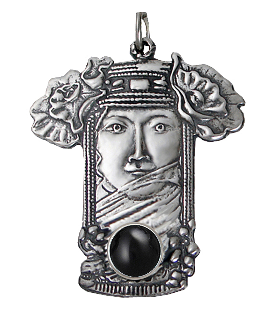 Sterling Silver Veiled Woman Maiden Pendant With Black Onyx